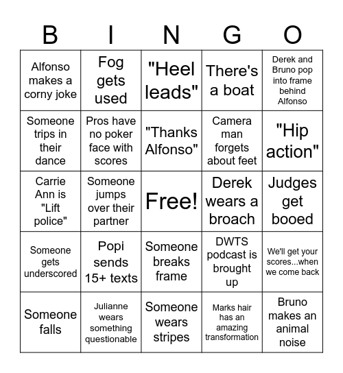 DWTS yacht rock Bingo Card