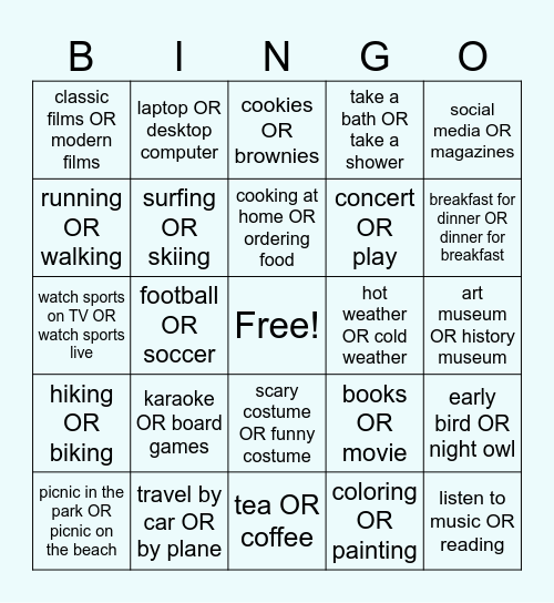 This or That Bingo Card