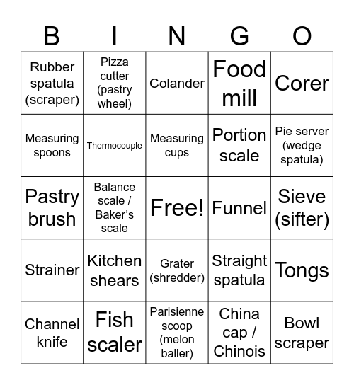 Kitchen Toools Bingo Card