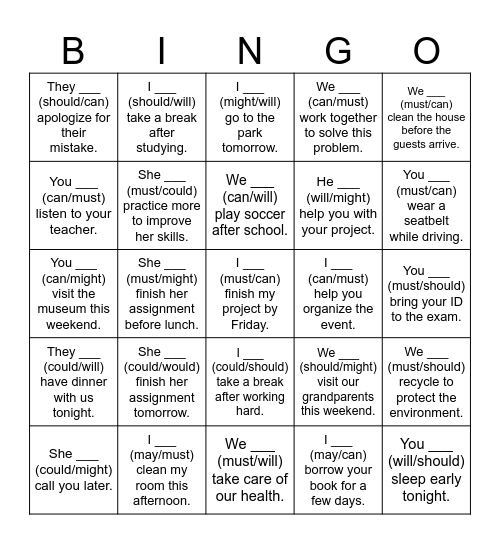 Modal Verbs Bingo Card