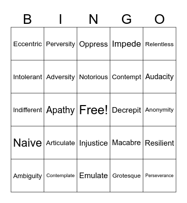 Vocabulary Terms Bingo Card