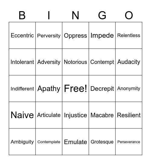 Vocabulary Terms Bingo Card