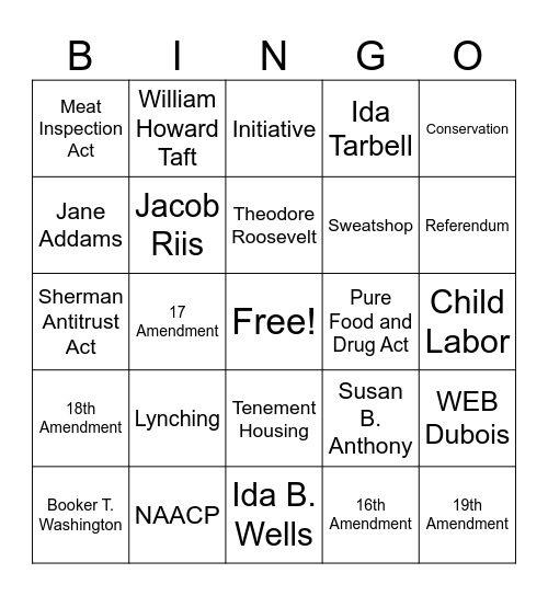 Progressive Era Bingo Card
