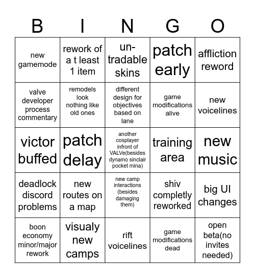 deadlock 29th september patch Bingo Card