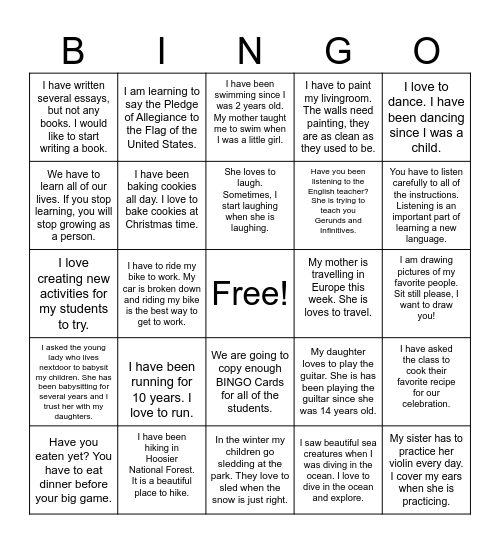Gerunds and Infinitives Bingo Card