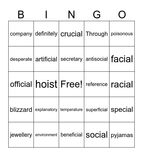 Spellings Bingo Card