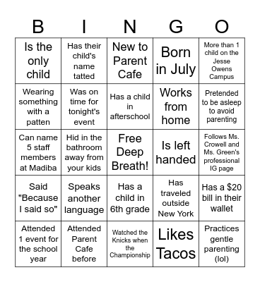 October Parent Cafe Bingo Card
