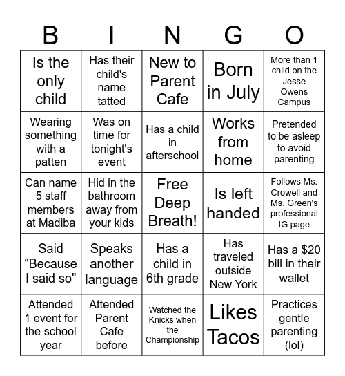 October Parent Cafe Bingo Card