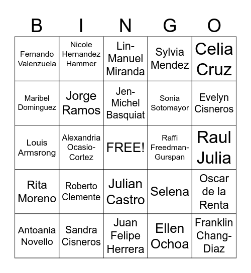 Latin X/Hispanic Heritage Month Bingo Card