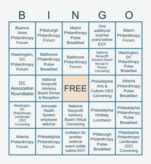 CCS Fundraising | Team Atlantic | 2026 Special Events & Convenings for Fundraising Leadership | Year 1 Bingo Card