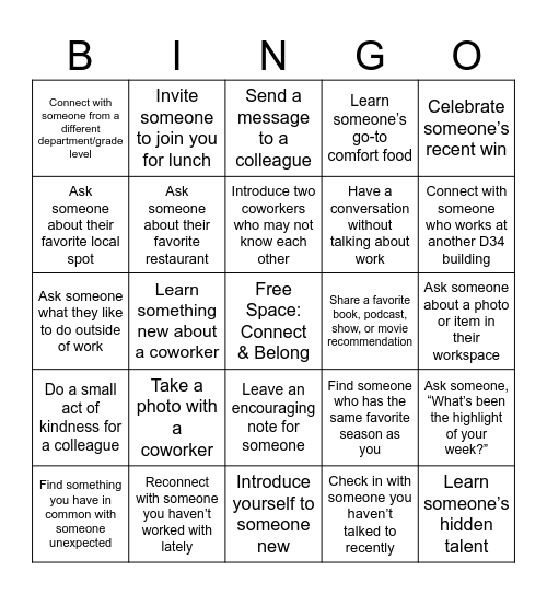 Connect and Belong Bingo Card