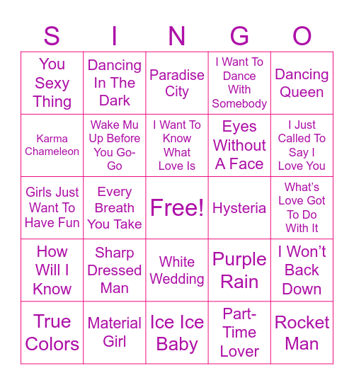 80's Singo Bingo Card