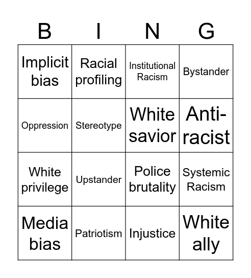 All American Boys Vocabulary Bingo Card