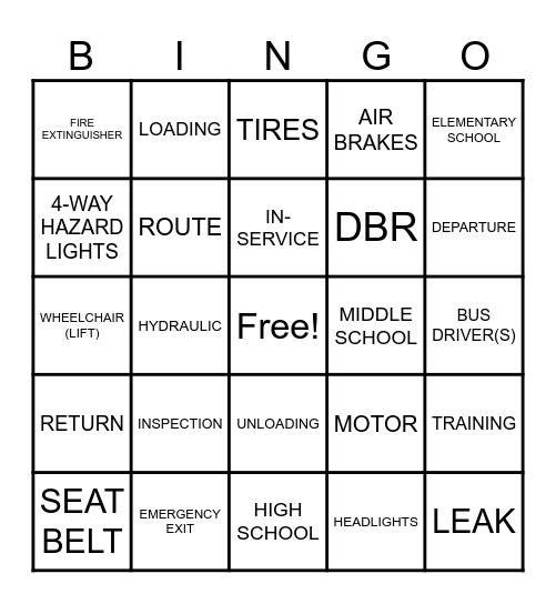 Bus Driver Bingo Card