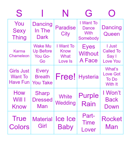 80's Singo Bingo Card