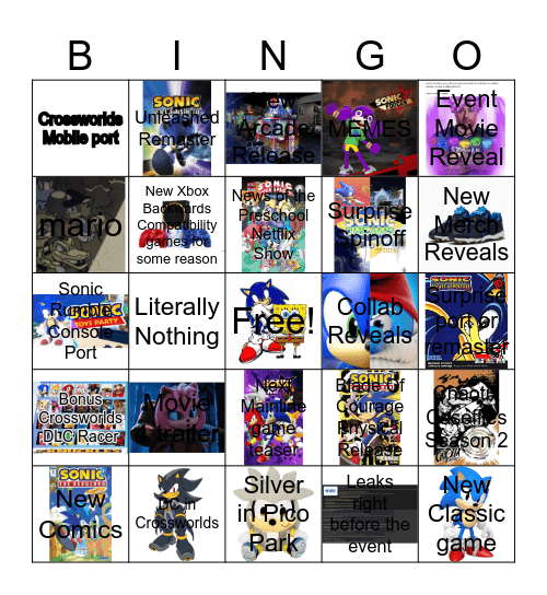 Sonic Club Chaos Bingo Card