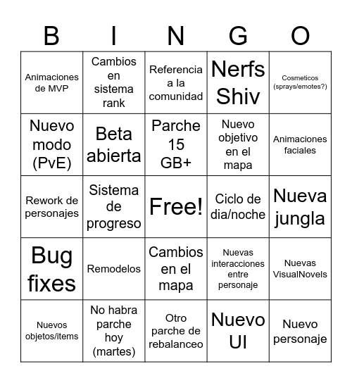 Deadlock Patch BINGO Card
