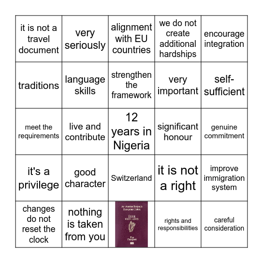 Citizenship bingo Card