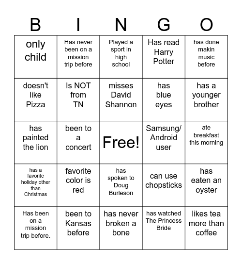 KANSAS MISSION TRIP BINGO Card