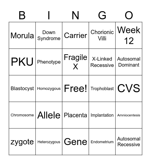 Genetics & Embryonic Development Bingo Card