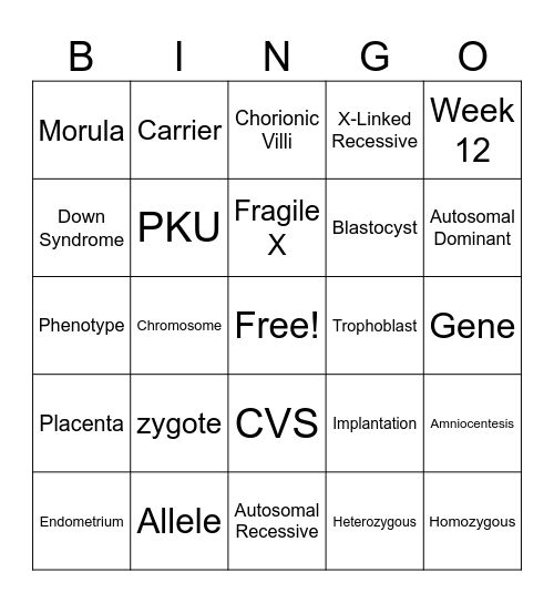 Genetics & Embryonic Development Bingo Card