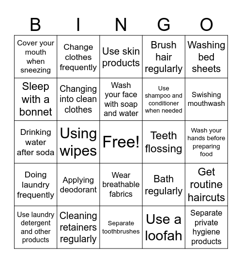 Hygiene Bingo Card