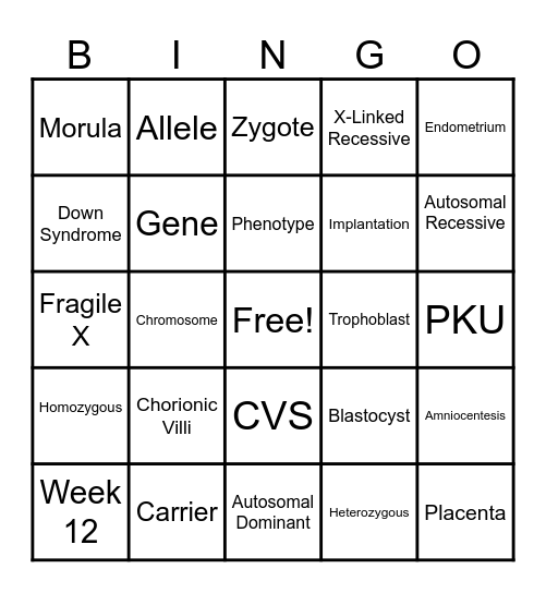 Genetics & Embryonic Development Bingo Card