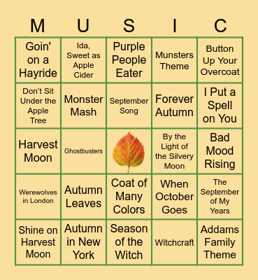 FALL / HALLOWEEN THEMED SONG BINGO Card