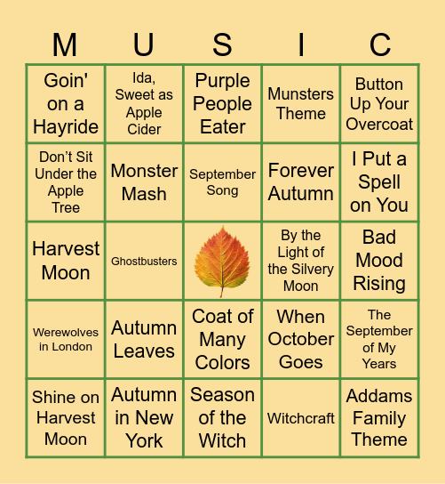 FALL / HALLOWEEN THEMED SONG BINGO Card