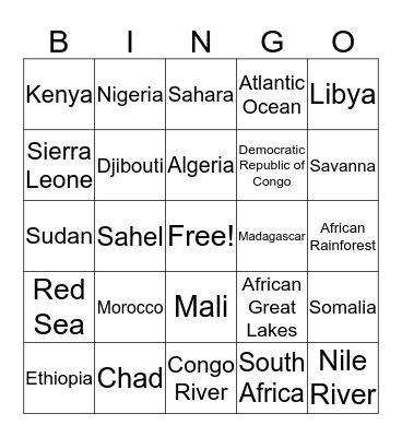 Africa Bingo Card