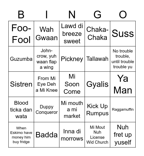 Jamaican Sayings & Proverbs Bingo Card