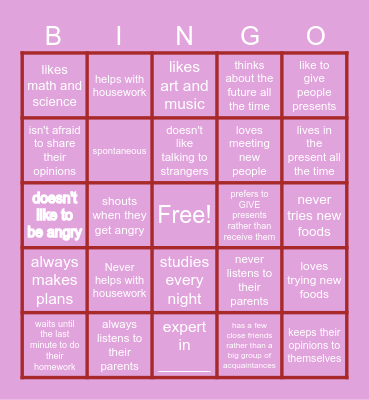 Personality Bingo Card