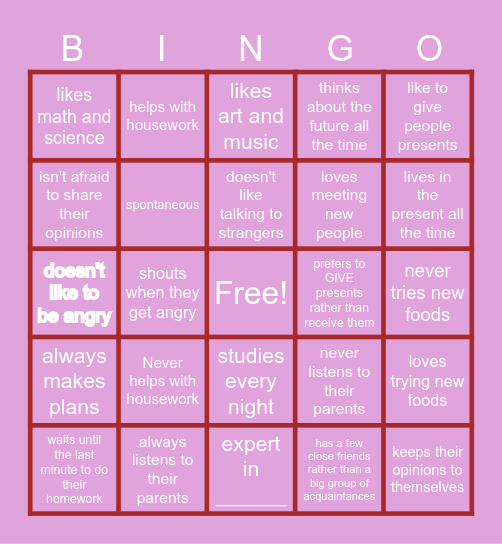 Personality Bingo Card