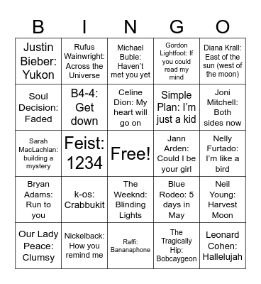 The Great Canadian Mixtape! Bingo Card