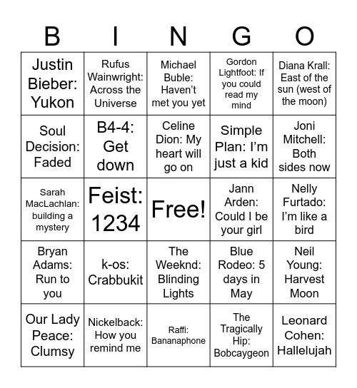 The Great Canadian Mixtape! Bingo Card