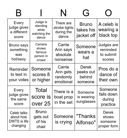 Dancing With The Stars BINGO Card