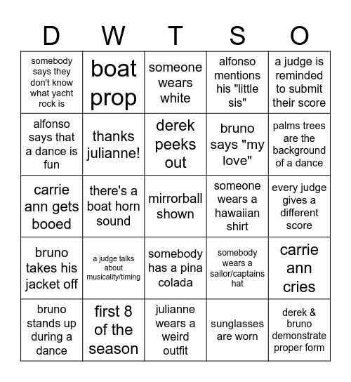Yacht Rock Night Bingo Card