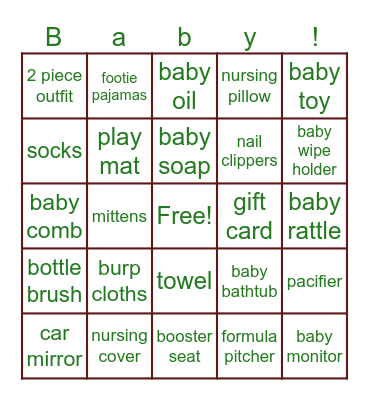 Baby shower Gift BINGO Card