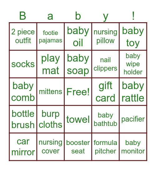 Baby shower Gift BINGO Card