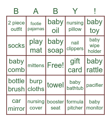 Baby shower BINGO Card