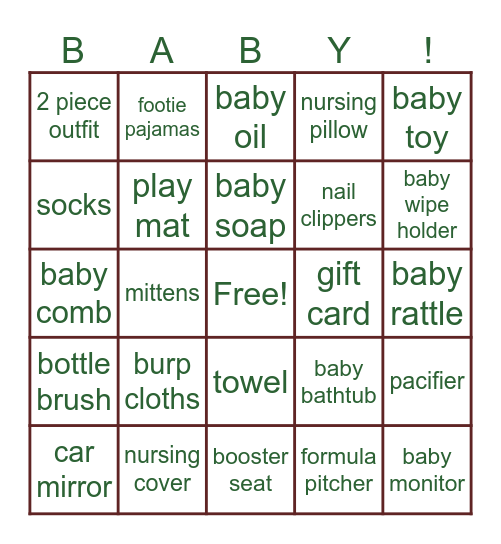 Baby shower BINGO Card