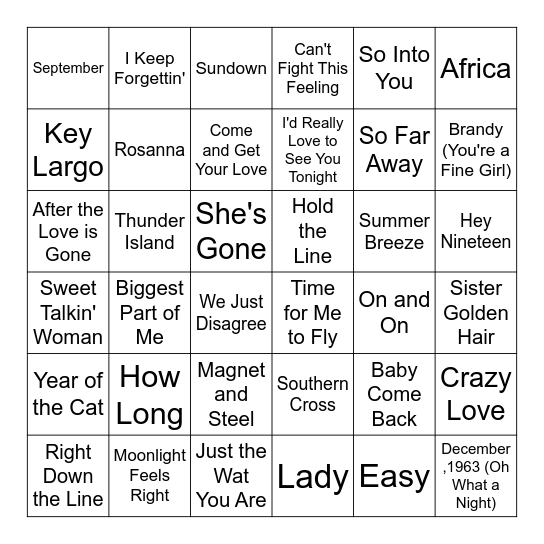 Yacht Rock Songs Bingo Card