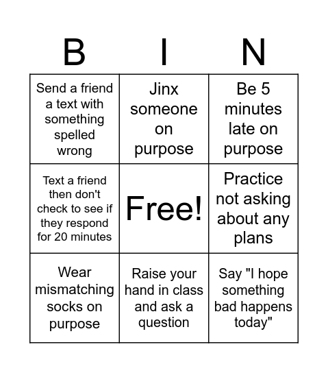 Emma's Bingo Card