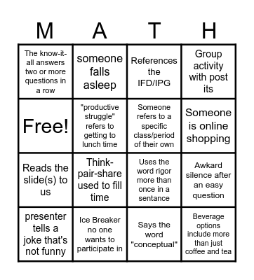 How to Survive a Math PD Game Bingo Card