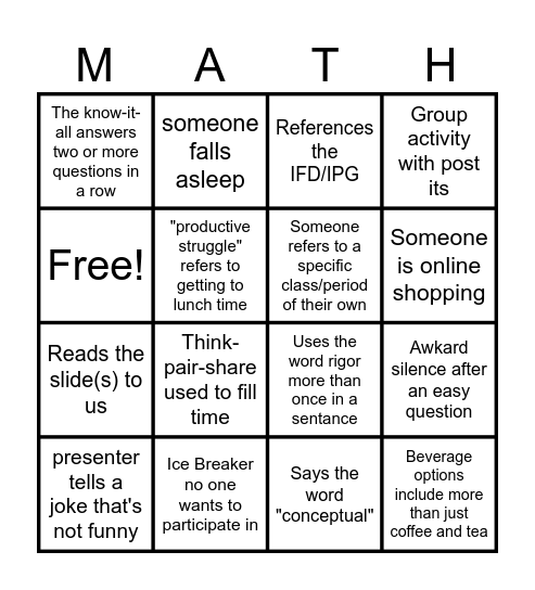 How to Survive a Math PD Game Bingo Card