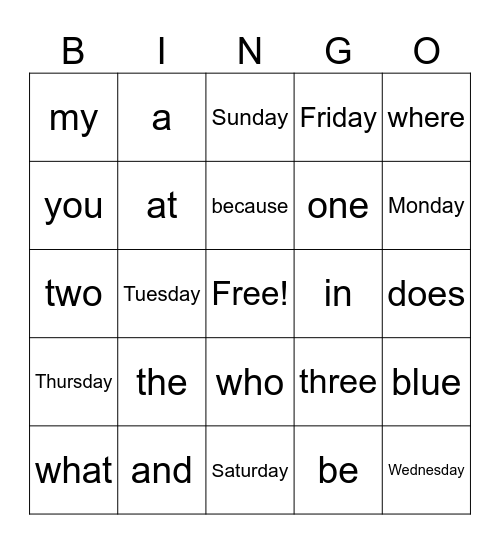 Sight Words Bingo Card