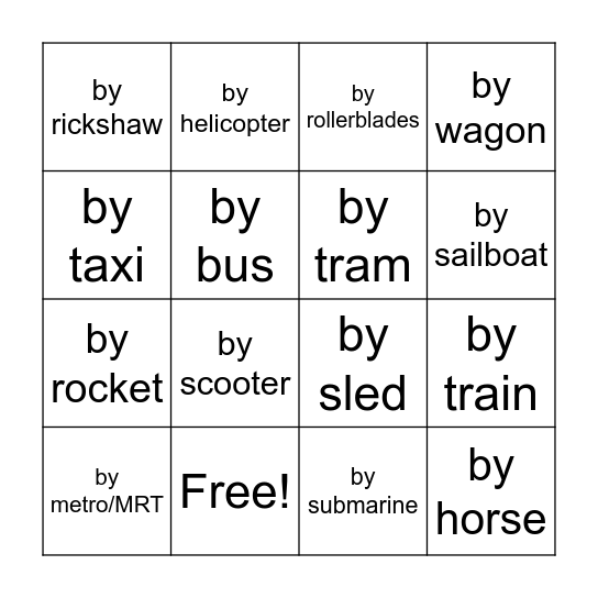 Transportation Bingo Card