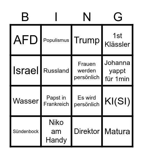 Reli Unterricht Bingo Card