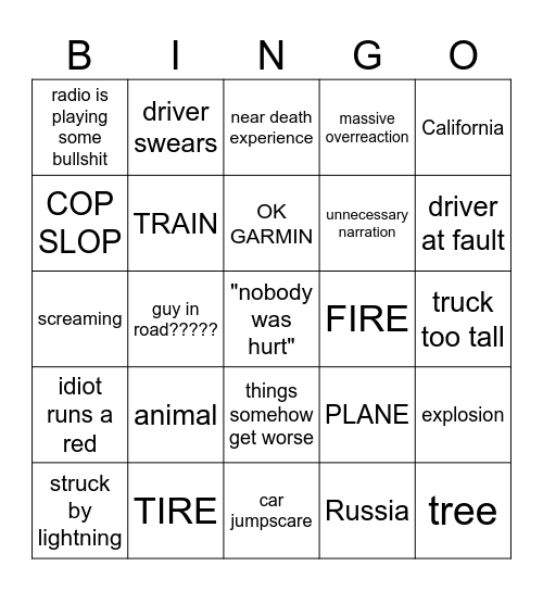 DASHCAM Bingo Card