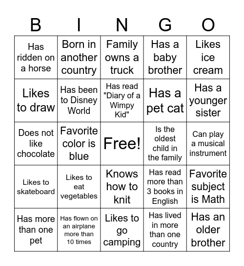 Classmate Bingo Card